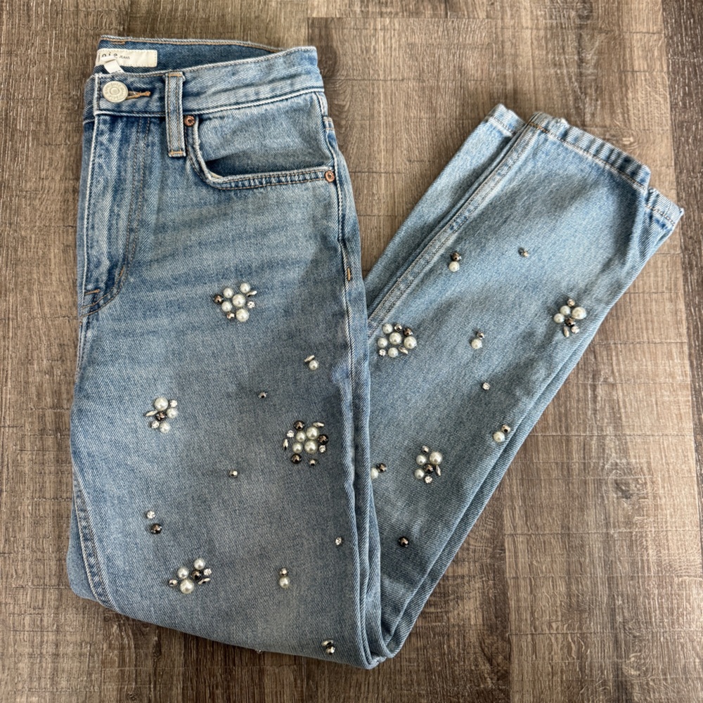 Joie “Weslyn” Light Blue Straight-Leg Jeans with Pearl Embellishment